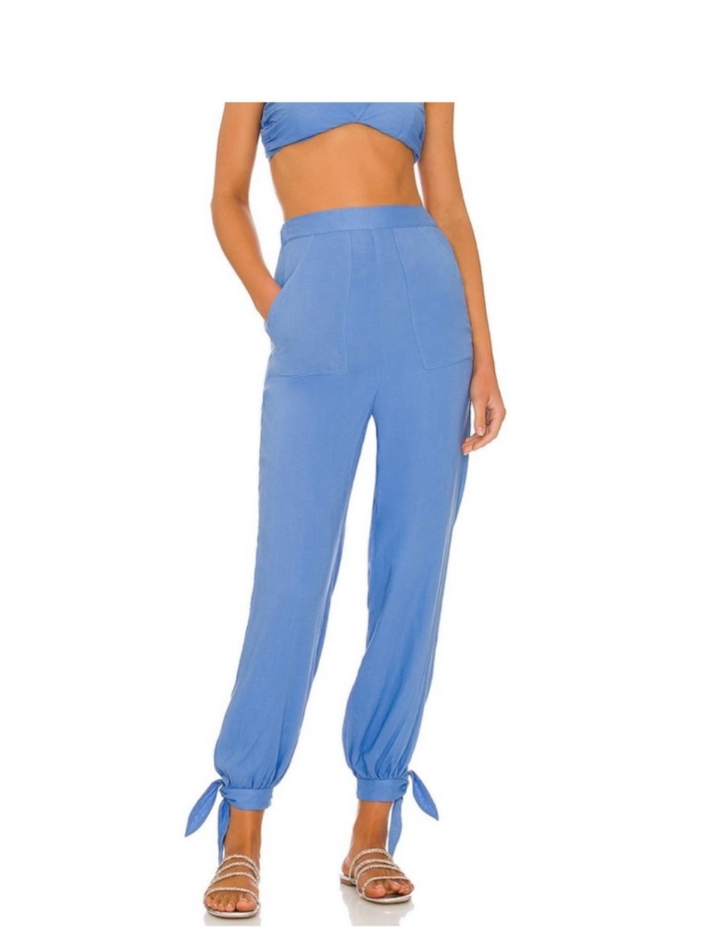 NWT Tularosa Blue Viscose Linen Blend Tie Ankle Jogger Pants Coastal Resortwear